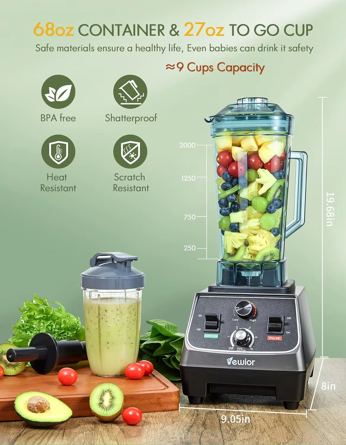 2200W Blenders for Kitchen, Professional Blender with 68Oz Tritan Container & 27Oz To-Go Cup Countertop Blender for Shakes