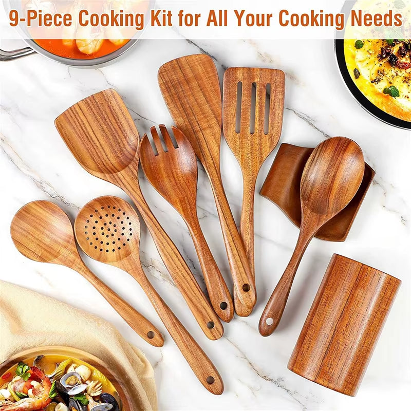 9 PCS Wooden Spoons for Cooking Wooden Utensils for Cooking with Utensils Holder Teak Wooden Kitchen Utensils Set