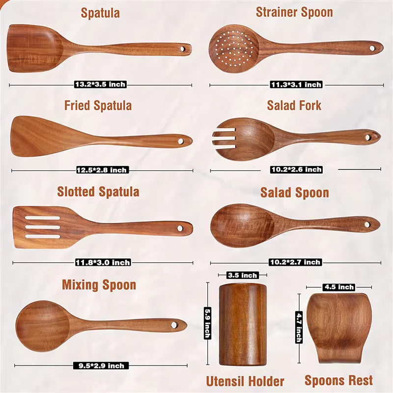 9 PCS Wooden Spoons for Cooking Wooden Utensils for Cooking with Utensils Holder Teak Wooden Kitchen Utensils Set