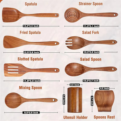 9 PCS Wooden Spoons for Cooking Wooden Utensils for Cooking with Utensils Holder Teak Wooden Kitchen Utensils Set