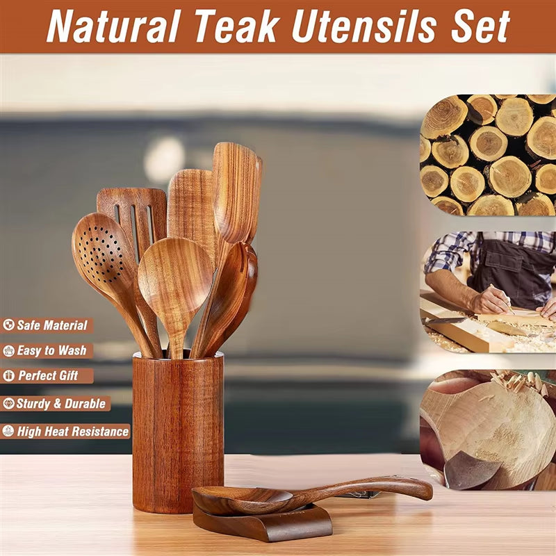 9 PCS Wooden Spoons for Cooking Wooden Utensils for Cooking with Utensils Holder Teak Wooden Kitchen Utensils Set
