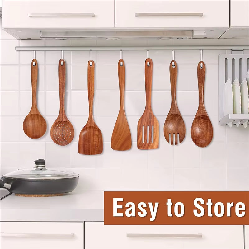 9 PCS Wooden Spoons for Cooking Wooden Utensils for Cooking with Utensils Holder Teak Wooden Kitchen Utensils Set