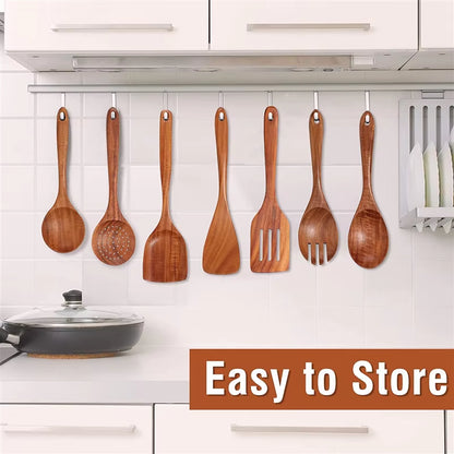 9 PCS Wooden Spoons for Cooking Wooden Utensils for Cooking with Utensils Holder Teak Wooden Kitchen Utensils Set